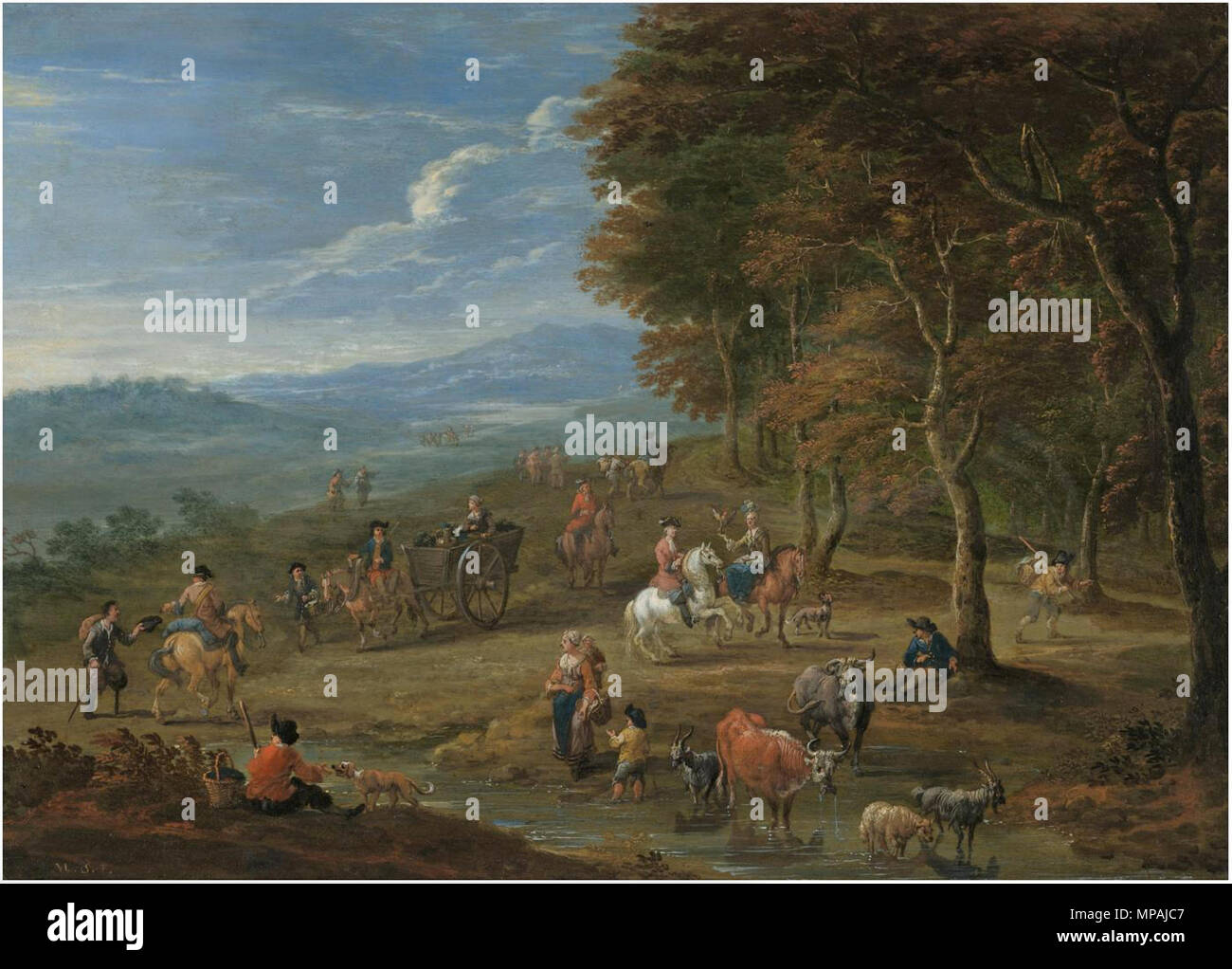 Un paesaggio con i viaggiatori passando dal bordo di una foresta tra 1682 e 1702. 874 Mathys Schoevaerdts - un paesaggio con i viaggiatori passando dal bordo di una foresta Foto Stock