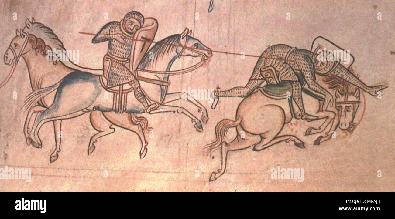 . William Marshal a una giostra unhorses Baldwin Guisnes. Dall'Historia principali di Matteo Paris, Cambridge, il Corpus Christi College Library, vol 2, p. 85. Scandito da quattro re gotico, Elizabeth Hallam, ed. Il XIII secolo. Matteo Paris 875 Matteo Paris - William Marshal Foto Stock