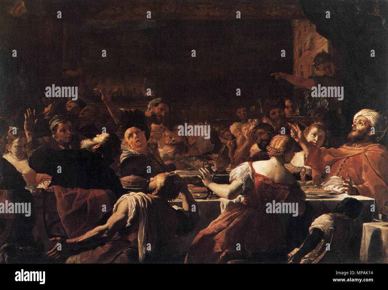 Belshatsar festa . Italiano: Il Convito di Baldassarre è quadro delle Nazioni unite (olio su tela, cm 202 x 297) che si trova a Napoli nel Museo di Capodimonte (inv. Q 263) nella Galleria Napoletana. Rappresenta il banchetto dato da Baldassarre, ultimo re di Babilonia, per venire è narrato nella Bibbia tutto il capitolo 5 del libro di Daniele. Baldassarre duranti il banchetto fece portare i vasi d'oro e d'argento presi nel Tempio di Gerusalemme per berci con i suoi dignitari, le sue mogli e le concubina. Improvvisamente comparve una mano che scrisse sulla parete di fronte delle parole incomprensibili. Chiamati dap Foto Stock