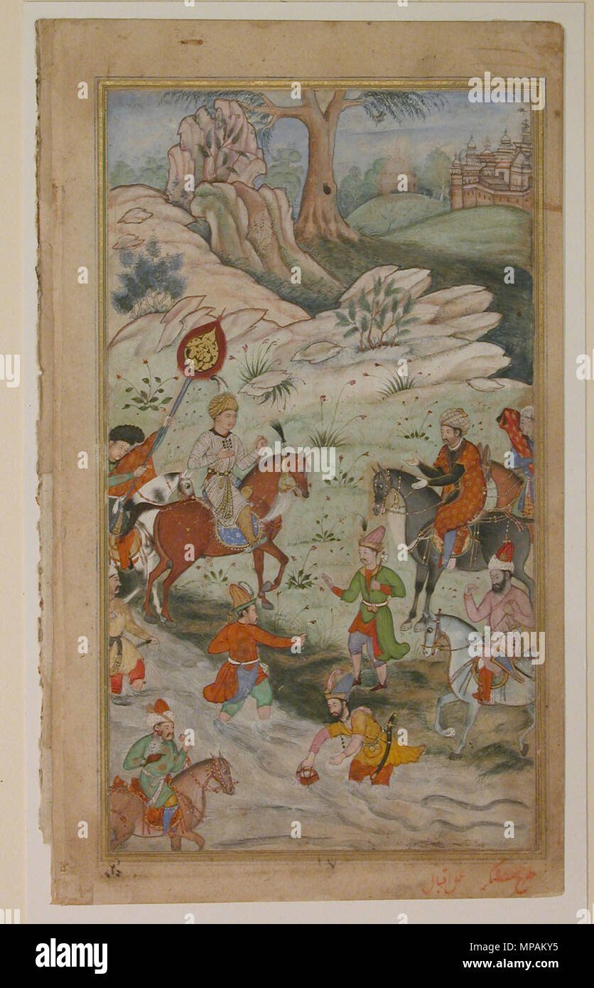. Inglese: 'Memoirs di Babur' o Baburnama sono opera del grande-grande-pronipote di Timur (Tamerlane), Zahiruddin Muhammad Babur (1483-1530). Il Baburnama narra la storia di Prince la lotta prima di affermare e difendere la sua rivendicazione al trono di Samarcanda e la regione della Valle di Fergana. Dopo essere stato cacciato di Samarcanda nel 1501 dall'Uzbek Shaibanids, ha in ultima analisi ha cercato pascoli più ecologici, prima a Kabul e poi in India del nord, dove i suoi discendenti sono stati i con dossi (di Mughal) dynasty pregiudiziale a Delhi fino al 1858. Le miniature sono da una copia illustrata del Bab Foto Stock