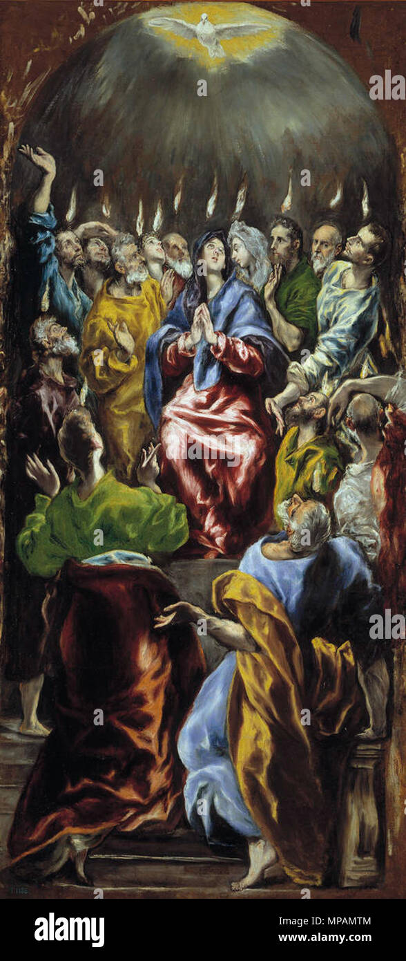 La Pentecoste . Español: La obra rappresentanouna al Espíritu Santo descendiendo en forma de lenguas de fuego sobre los apóstoles de Jesucristo. . Circa 1600. 936 O Pentecostes por El Greco, Museu do Prado Foto Stock