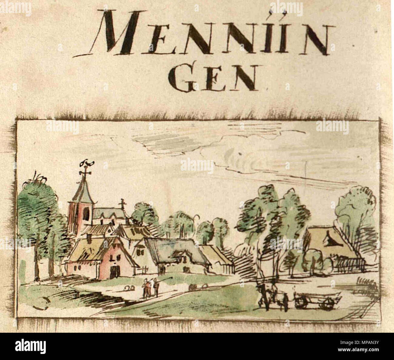 . Inglese: 'Menniingen' (=Menningen; Eifelkreis Bitburg-Prüm) da Jean Bertels. 1597. Johannes Bertelius (-1607) nomi alternativi Johannes Bertels,Johannes Bertelius Descrizione storico lussemburghese e abate Data di nascita e morte 1544 / 12 Ottobre 1544 19 Giugno 1607 Luogo di nascita e morte Leuven Echternach sede di lavoro Lussemburgo, Archives nationales competente controllo : Q445165 VIAF: 120694994 ISNI: 0000 0001 0860 3795 GND: 123705525 BPN: 34039303 884 Menningen da Jean Bertels 1597 Foto Stock