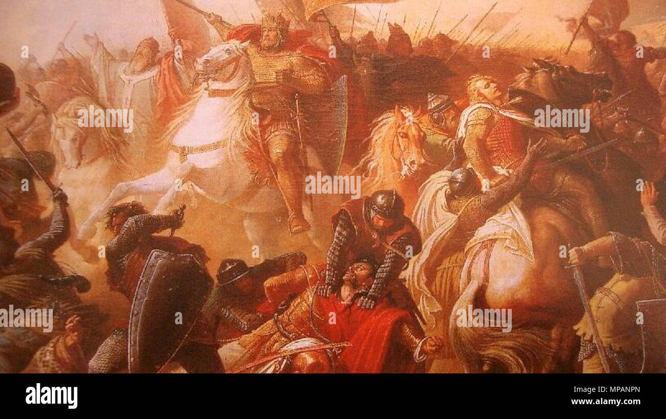 Die Ungarnschlacht auf dem Lechfeld 955 . Inglese: estratto della pittura 'Die Ungarnschlacht auf dem Lechfeld 955' (inglese; la battaglia del Lech Ungheria 955) da Michael Echter su (1812-1879). L'originale si trova nella fondazione Maximilianeum di Monaco di Baviera (bavarese, Germania). Deutsch: Ausschnitt aus dem Gemälde 'Die Ungarnschlacht auf dem Lechfeld 955' von Michael Echter su (1812-1879). Das originale befindet sich in der Stiftung Maximilianeum in München. . Xix secolo. 887 Michael Echter su Ungarnschlacht Foto Stock