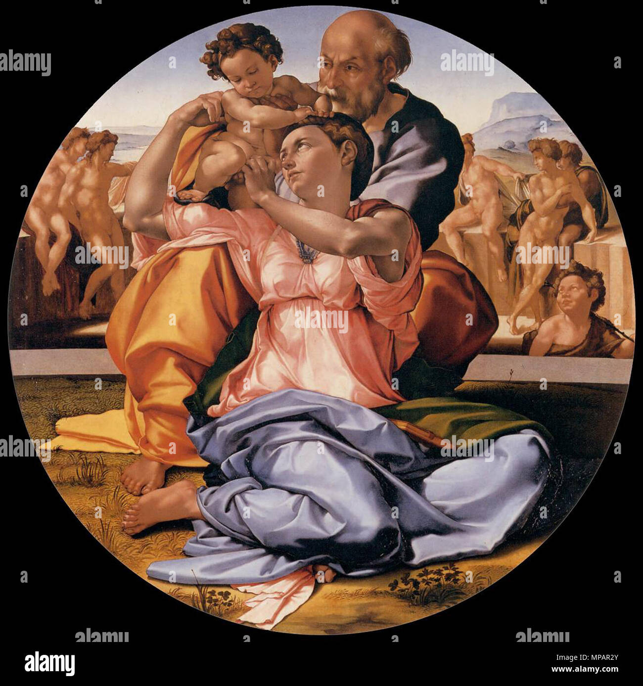 Inglese: La Santa Famiglia con il bambino San Giovanni Battista (il Tondo Doni) circa 1506. 891 Michelangelo, tondo doni 03 Foto Stock