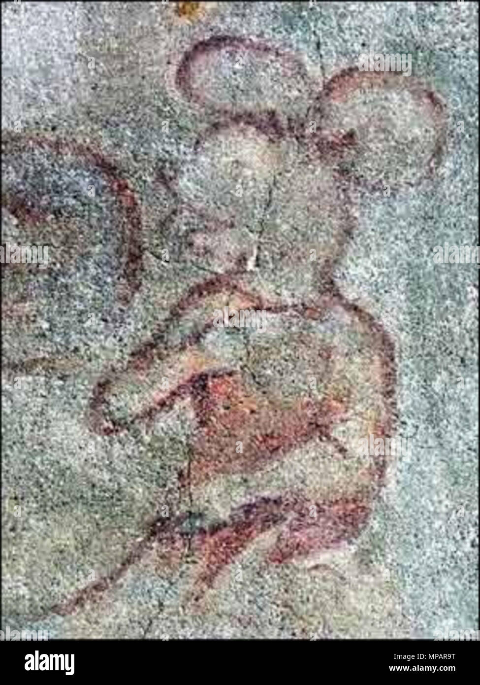 . En:Medieval en:Mickey Mouse, c.1300 annuncio. Il 14 novembre 2002, questa immagine è stata scoperta durante il restauro di una chiesa al di fuori del muro nella città di en:Malta, Austria. Esso è parte di un affresco trecentesco raffigurante en:Saint Christopher della Chiesa Cattolica, che è spesso rappresentato accompagnato da splendide creature. circa 1300.. BBC 892 Micky Foto Stock