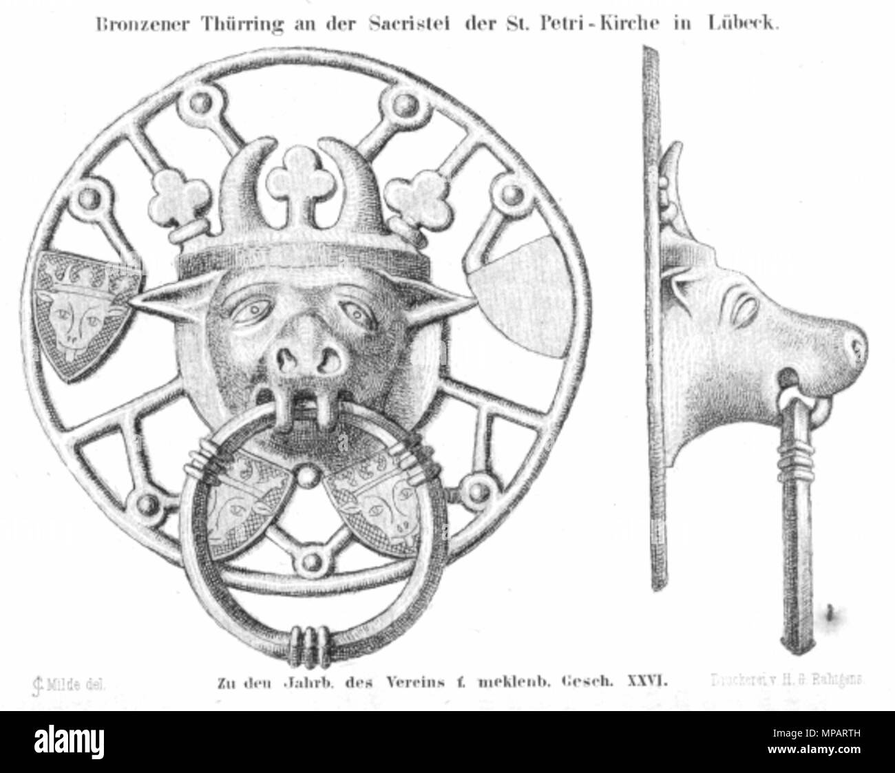 . Inglese: porta di bronzo manopola in corrispondenza di San Petri chiesa in Lübeck, disegno da Carl Julius Milde per Jahrbücher des Vereins für Mecklenburgische Geschichte und Altertumskunde 26 (1861), p. 291-292 . 1861. Carl Julius Milde (1803-1875) nomi alternativi Karl Julius Milde; Karl Milde; karl julius milde; Julius milde; carl julius milde Descrizione pittore tedesco e museo conservatore Data di nascita e morte 16 Febbraio 1803 19 Novembre 1875 Luogo di nascita e morte Hamburg Lübeck competente controllo : Q1039124 VIAF: 27866461 ISNI: 0000 0001 1048 0480 ULAN: 500014633 LCCN: N87917580 GND: 118733915 W Foto Stock