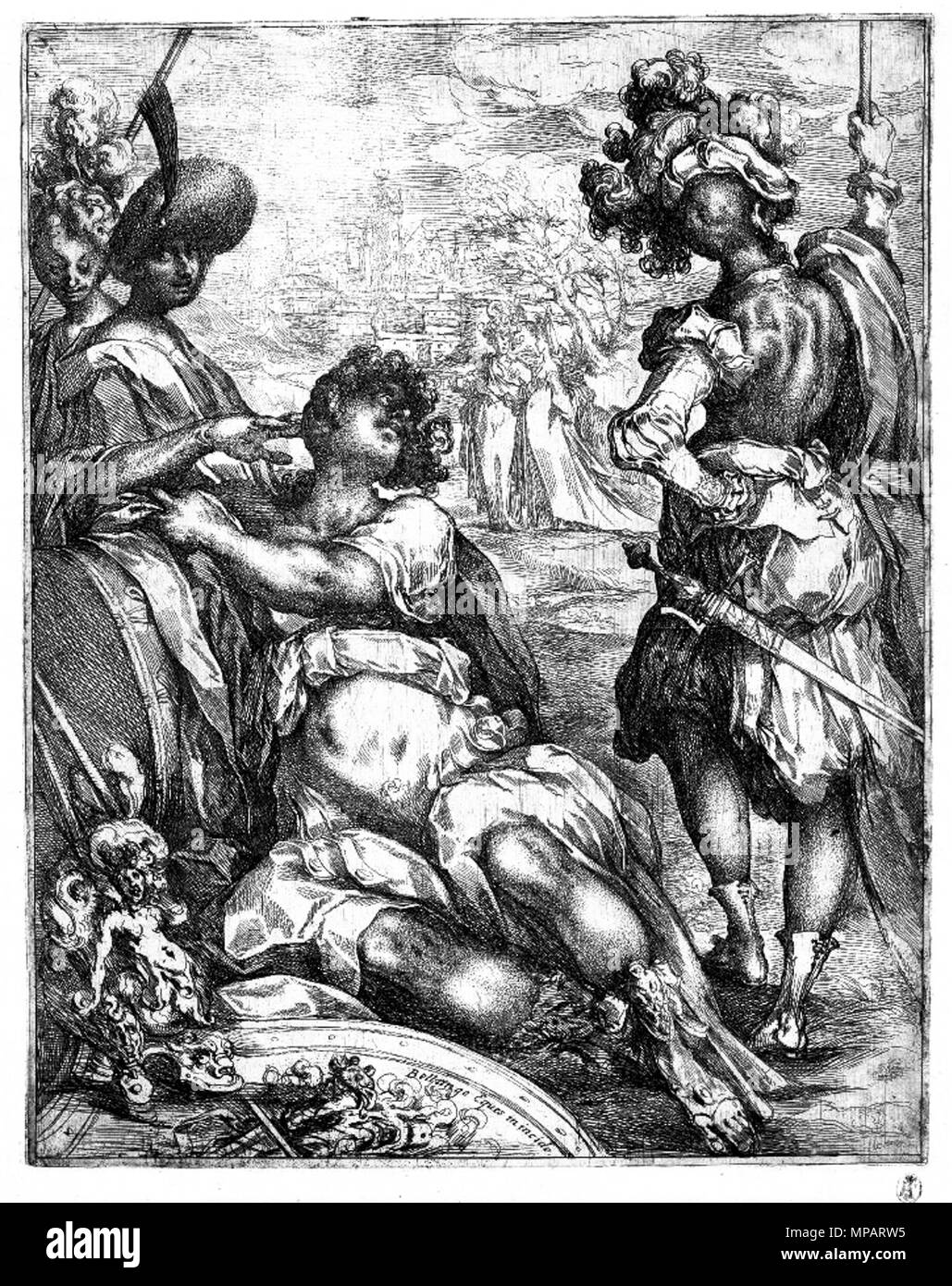 . Inglese: figure militari al di fuori di una città; un uomo che indossa un pettorale appoggiato su di un tamburo accanto a trofei militari, una donna e un uomo sulla sinistra e un abile spadaccino visto da dietro sulla destra; due donne a piedi e una città fortificata in background. Attacco 1612/6 con iscrizione imbianchini contenuto: letterati con particolare della produzione: 'Bellange Eques in incide.' Altezza: 279 mm Larghezza: 224 millimetri . 1610s. Jacques Bellange (1575-1616) nomi alternativi Jacques de Bellange; Jacques Charles de Bellange; Jacques. Bellange; Jacques Belange; Charles Bellange; Jac. Bellange; Charles Foto Stock