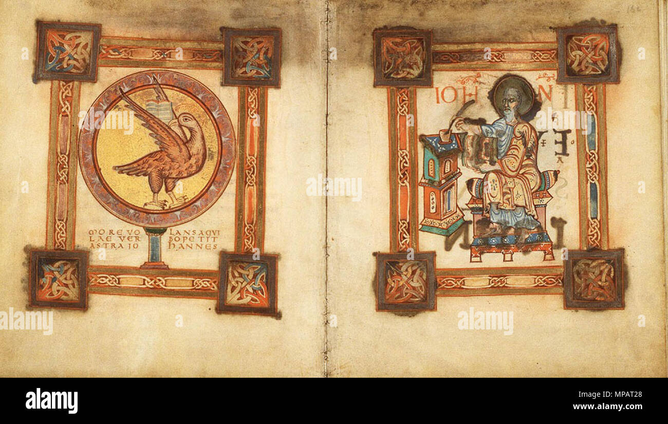 . Fol. 161v e 162r del Egmond Vangeli. L evangelista Giovanni e il suo simbolo. circa 900. Illuminatore Franco-Saxon 895 MIMI 76F1 NS 161V 162R Foto Stock