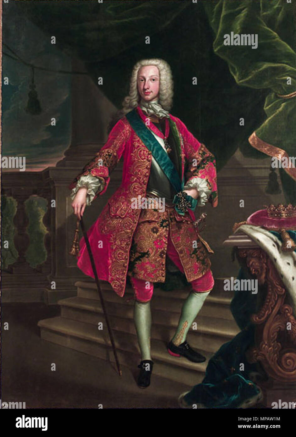 Carlos de Borbón, Duque de Parma . Español: El lienzo rappresentanouna al infante de España Carlos de Borbón (1719-1788), que ser hijo del rey Felipe V de España y en la época del retrato era Duque de Parma, aunque llegaría posteriormente un reinar en Nápoles como Carlos VII y en España como Carlos III. . 1732. 899 Molinaretto 2 Foto Stock