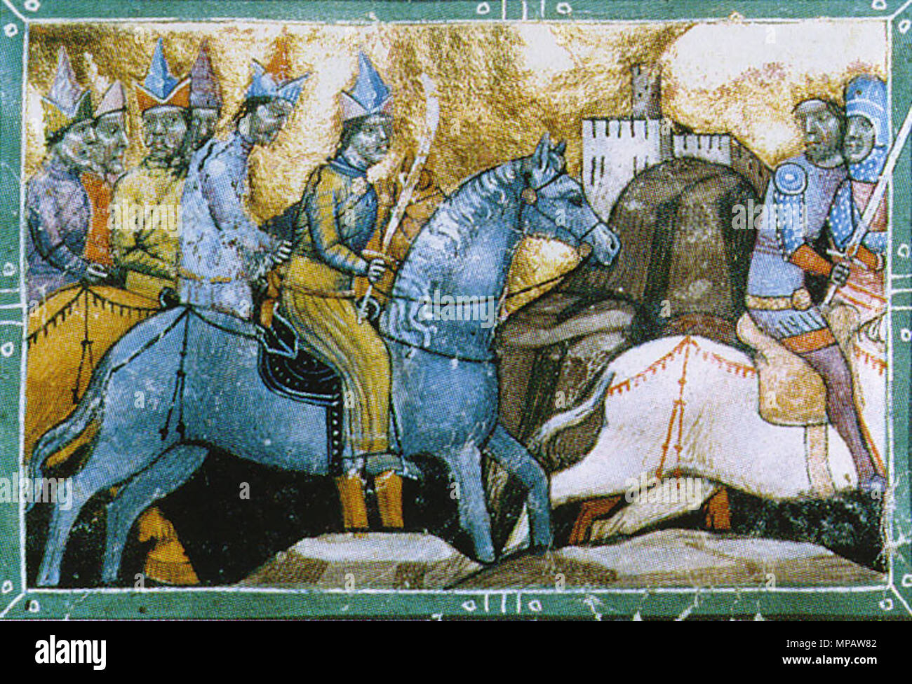 . I mongoli in Ungheria 1241. Ungheria. Inchiostri e vernici su pergament. Altezza 25,3 cm, larghezza 32,8 cm. Nazionale Széchényi Library, Budapest, fol. 63 recto, inv. n. Clmae 404 (l'immagine è del XIX secolo la riproduzione). Dal Chronicum Pictum in Ungheria la Biblioteca Nazionale. Il re Bela sul volo dai Mongoli. Il leader mongolo potrebbe essere Qadan, figlio di Ögedei. 1358. sconosciuto / (della riproduzione) Széchényi Biblioteca Nazionale, Budapest 900 MongolsInHungary1241 Foto Stock