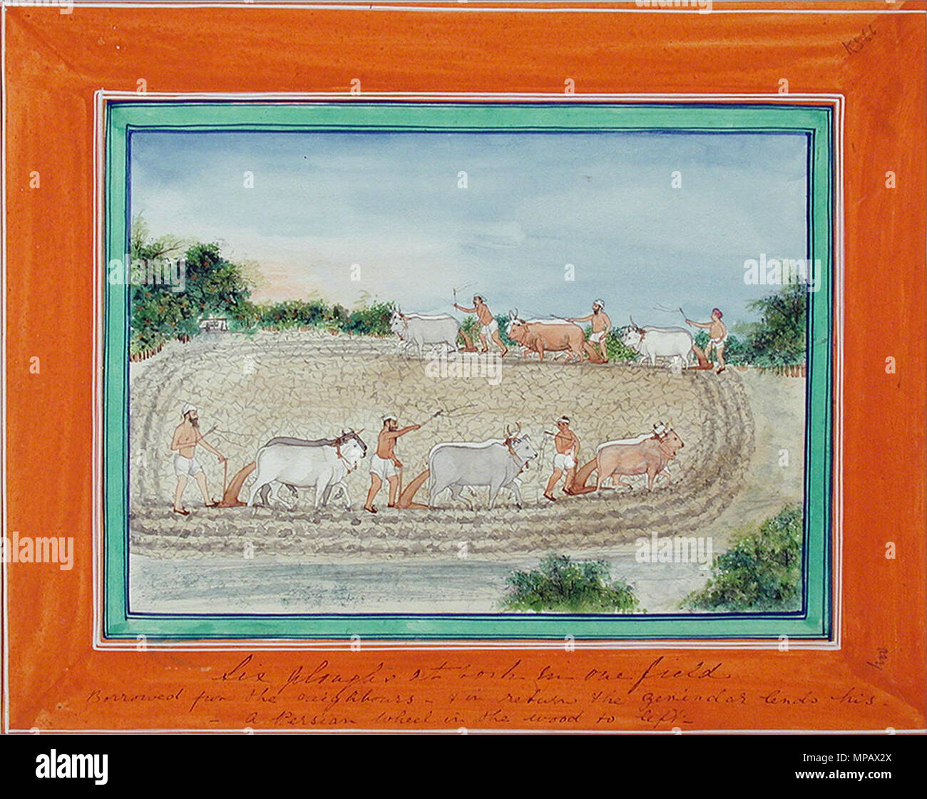 . Inglese: Visualizza artista: Kapur Singh Data di creazione: ca. 1865 Dimensioni display: 8 9/32 in. x 10 7/16 in. (21 cm x 26.5 cm) Linea di credito: Edwin Binney terza raccolta numero di adesione: 1990.1353 Collezione: <a href='http://www.sdmart.org/art/our-collection/asian-art' rel="nofollow">Il San Diego Museum of Art</a> . 15 ottobre 2001, 13:39:42. Inglese: thesandiegomuseumofartcollection 1126 Sei ox-aratri a lavorare in un campo (6125139574) Foto Stock