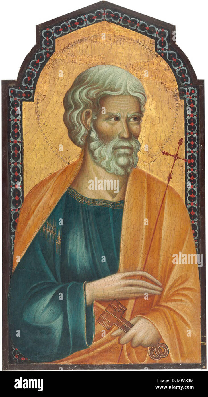 Seguace di Cimabue, Cristo tra San Pietro e San Giacomo Maggiore [pannello di sinistra], tardo XIII secolo, tempera su pannello, Andrew W. Mellon Collection . Inglese: San Pietro del tardo XIII secolo tempera su pannello il pannello di sinistra (con strisce di bordo): 66 x 36,2 cm (26 x 14 1/4 in.) sul pannello a sinistra (senza strisce di bordo): 64,1 x 34,5 cm (25 1/4 x 13 9/16 in.) Washington, National Gallery of Art Andrew W. Mellon Collection 1937.1.2.a non in vista . 29 gennaio 2014, 13:47:30. 903 Montor il polittico del - San Pietro Foto Stock