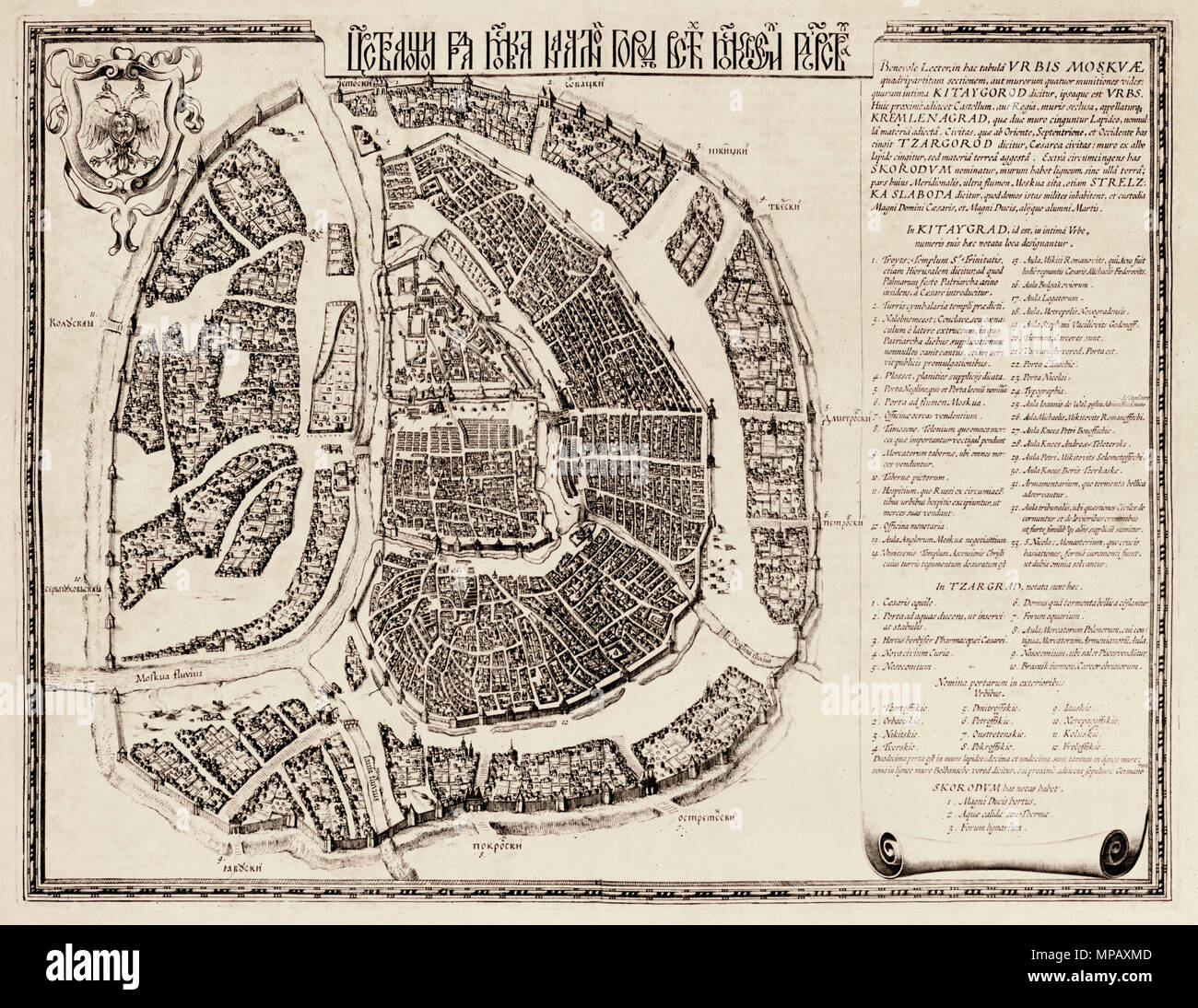 . Mosca nel 1597-1599. Il testo in alto a destra è una descrizione della città in latino, la prima parte di cui approssimativamente significa: "Egregio lettori, in questa mappa della città di Mosca, potete vedere quattro sezioni di parted, o quattro fortificazioni di pareti: di cui il più interno è chiamato KITAYGOROD, che è la città, così strettamente giace il fort, o Palazzo, di pareti di chiusura che è chiamato KREMLENAGRAD[...]' di seguito che vi è una lista di luoghi contrassegnati con i numeri sulla mappa. Il primo è la Chiesa della Santissima Trinità, con una breve descrizione della domenica delle palme rituale. In alto a sinistra potete vedere il Foto Stock