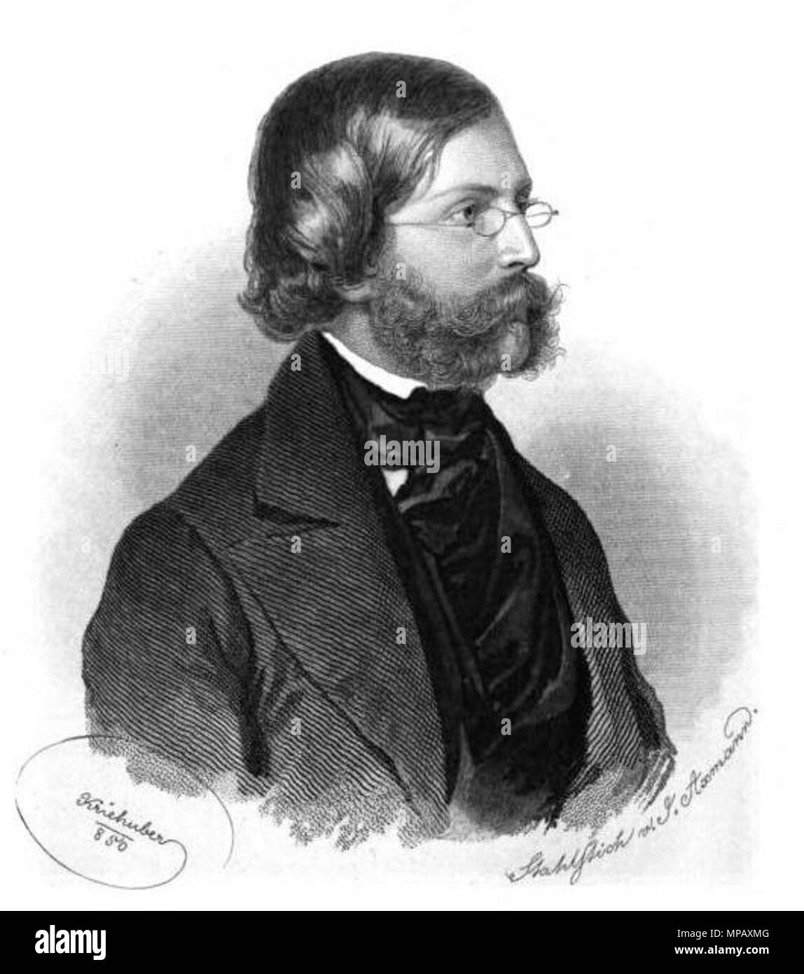 . Deutsch: Salomon Hermann Mosenthal, Stahlstich von Josef Axmann nach einer Lithographie von Joseph Kriehuber, 1850 Inglese: Salomon Hermann Mosenthal, acciaio incisione di Josef Axmann dopo un lavoro di litografia di Joseph Kriehuber . 1850. Josef Axmann (1793-1873) nomi alternativi Giuseppe Axmann Descrizione calcografia austriaco incisore, francobollo designer, incisore, pittore illustratore Data di nascita e morte 7 Marzo 1793 9 Novembre 1873 Luogo di nascita e morte di Brno lavoro Salisburgo posizione Austria; Vienna (1866); Salisburgo (1866 - 1873) Autorità di controllo : Q1704236 VIAF: 19952897 Foto Stock