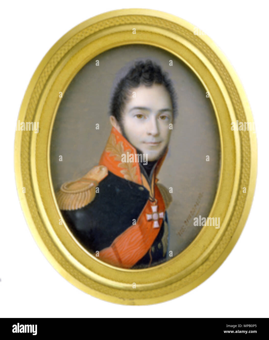 . Портрет графа Н.М.Каменского Начало 1810-х Кость, акварель, гуашь. 9,6×7,6 (овал) Справа внизу: Ив: Григорьевъ Граф изображен в общегенеральском мундире с орденами Св. Александра Невского и Св. Георгия 2-й степени. Происхождение: собрание великого князя Николая Михайловича (1859-1919); собрание Галины Вишневской и Мстислава Ростроповича. Выставки: Историческая выставка предметов искусства, С.-Петербург. 1904 г. Санкт Петербург-1904, С. 8, № 68. Литература: Русские портреты и XVIII XIX столетий. Издание Великого князя Николая Михайловича. СПб., 1905, т. 1, илл. 79; Комелова Г.Н., Принцева Г Foto Stock