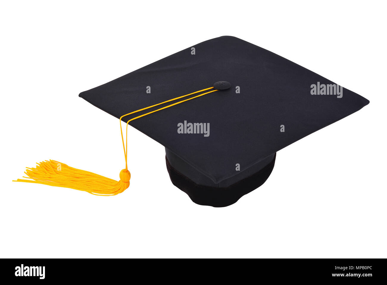 Tappo di graduazione con oro fiocco isolato su sfondo bianco con tracciato di ritaglio Foto Stock