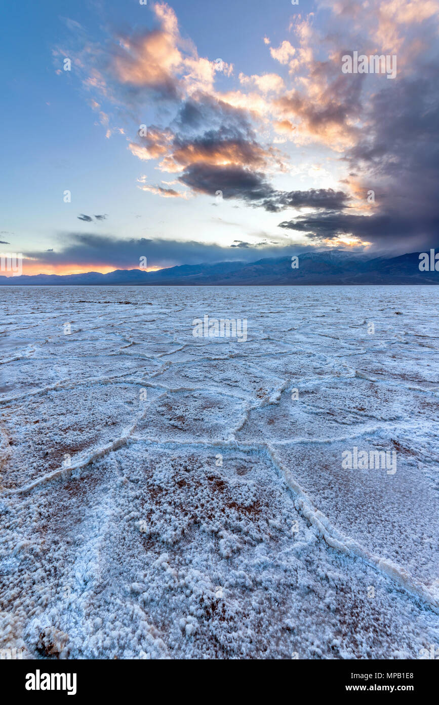 Tramonto Saline - verticale - una molla vista al tramonto di saline di bacino Badwater al Parco Nazionale della Valle della Morte, California, Stati Uniti d'America. Foto Stock