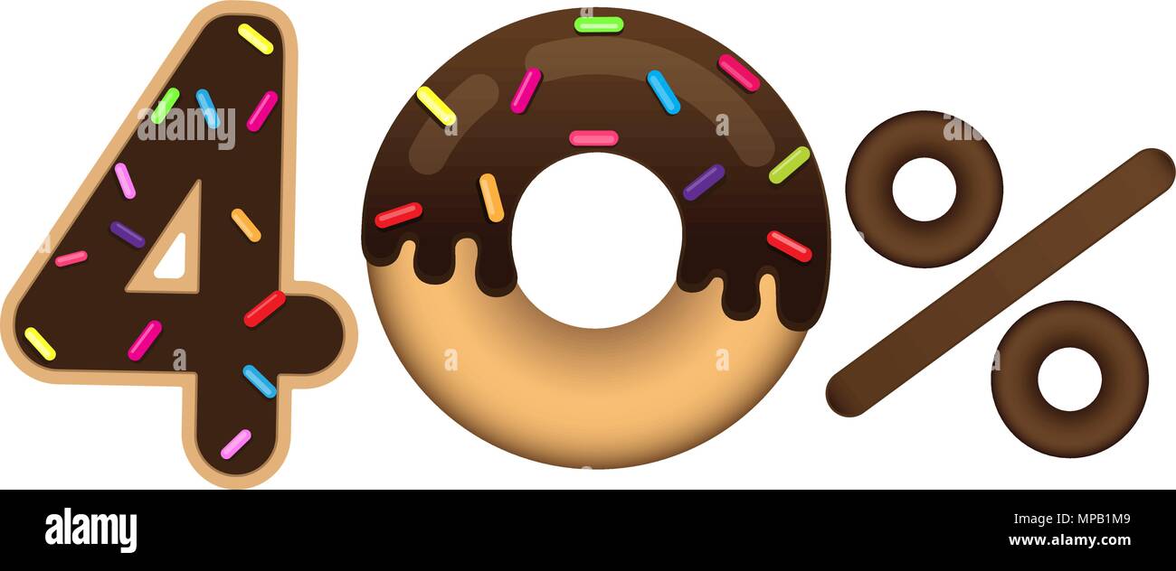 La vendita del 40 percento e prezzo scontato. Scritte fatte a forma di ciambella con smalto isolati su sfondo bianco. La vendita di prodotti alimentari. Shopping e bassa pric Illustrazione Vettoriale