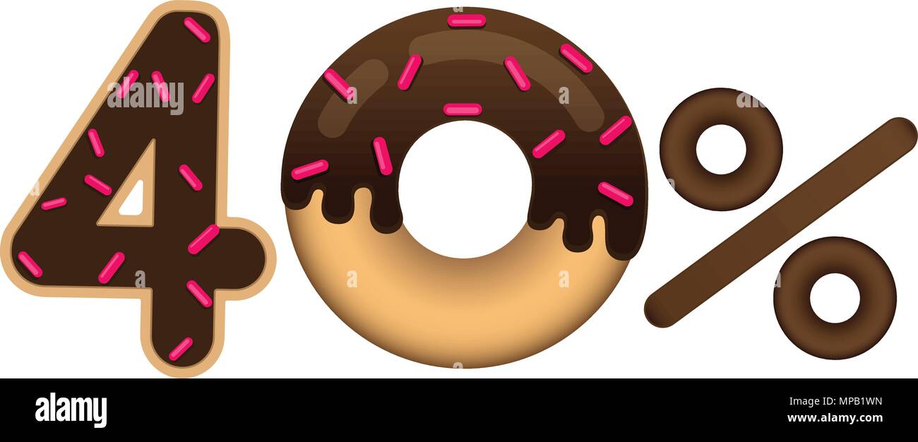 La vendita del 40 percento e prezzo scontato. Scritte fatte a forma di ciambella con smalto isolati su sfondo bianco. La vendita di prodotti alimentari. Shopping e bassa pric Illustrazione Vettoriale