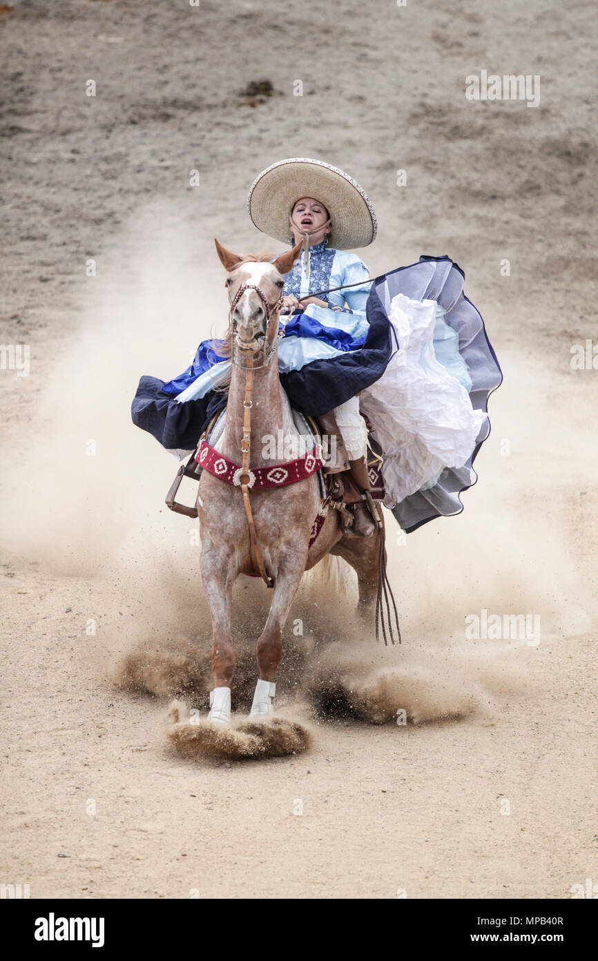 Apizaco, Messico - maggio 20.2018. Escaramuza o Adelita è una parte importante dell'charreria (equitazione) eventi espositivi fin dai tempi del messicano Revolutio Foto Stock