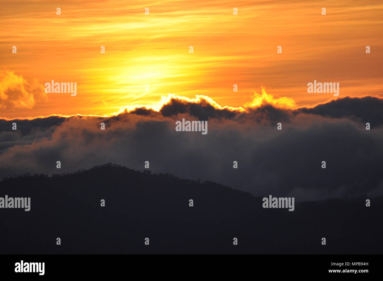 Sunrise all'alba, in una fredda domenica mattina a temperature di congelamento, il Rising Sun è stata osservata al crepuscolo durante le escursioni il sentiero Eco a Mount Ulap. Foto Stock