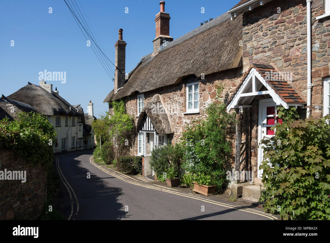 Tradizionale cottage con il tetto di paglia, Porlock, Somerset, Regno Unito Foto Stock