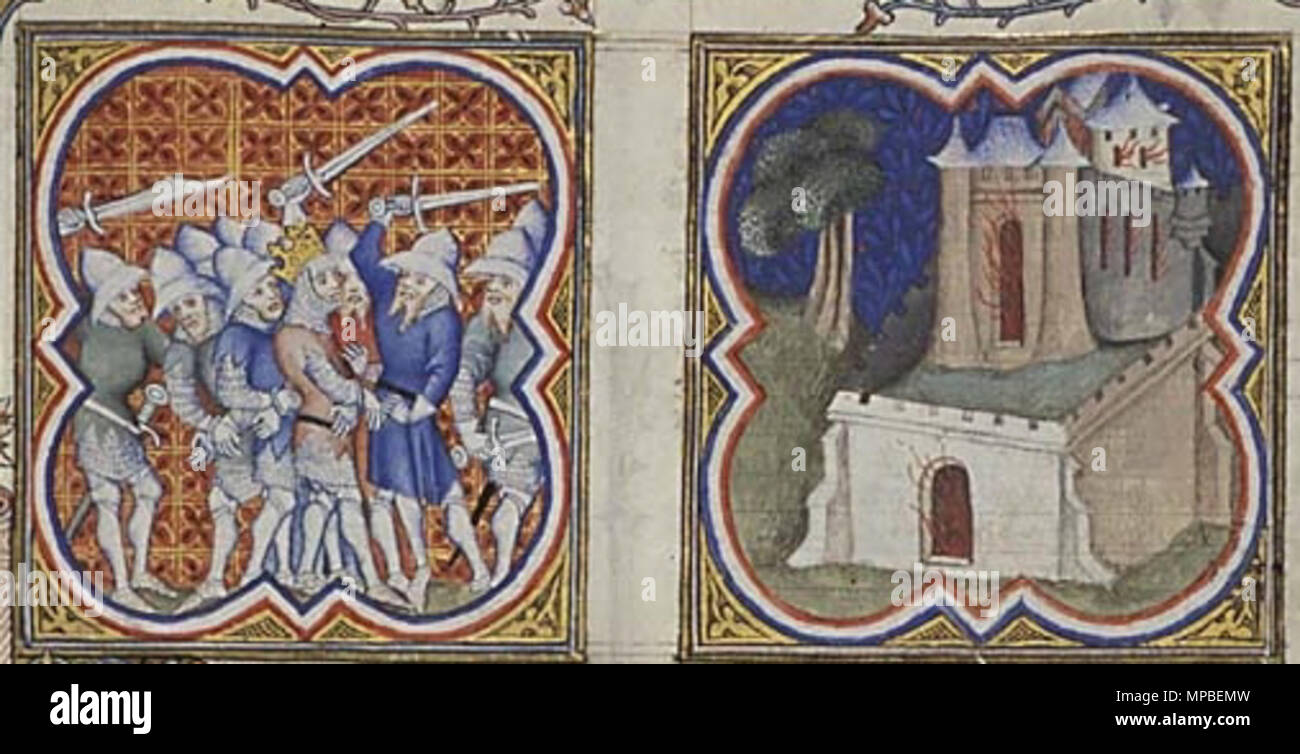 . Inglese: Nebuzaradan brucia giù il tempio e la reggia di Gerusalemme . 1372. Sconosciuto; Illustrator di Petrus Comestor 'Bibbia Historiale", Francia, 1372 921 Nebuzaradan brucia giù il tempio 1 Foto Stock