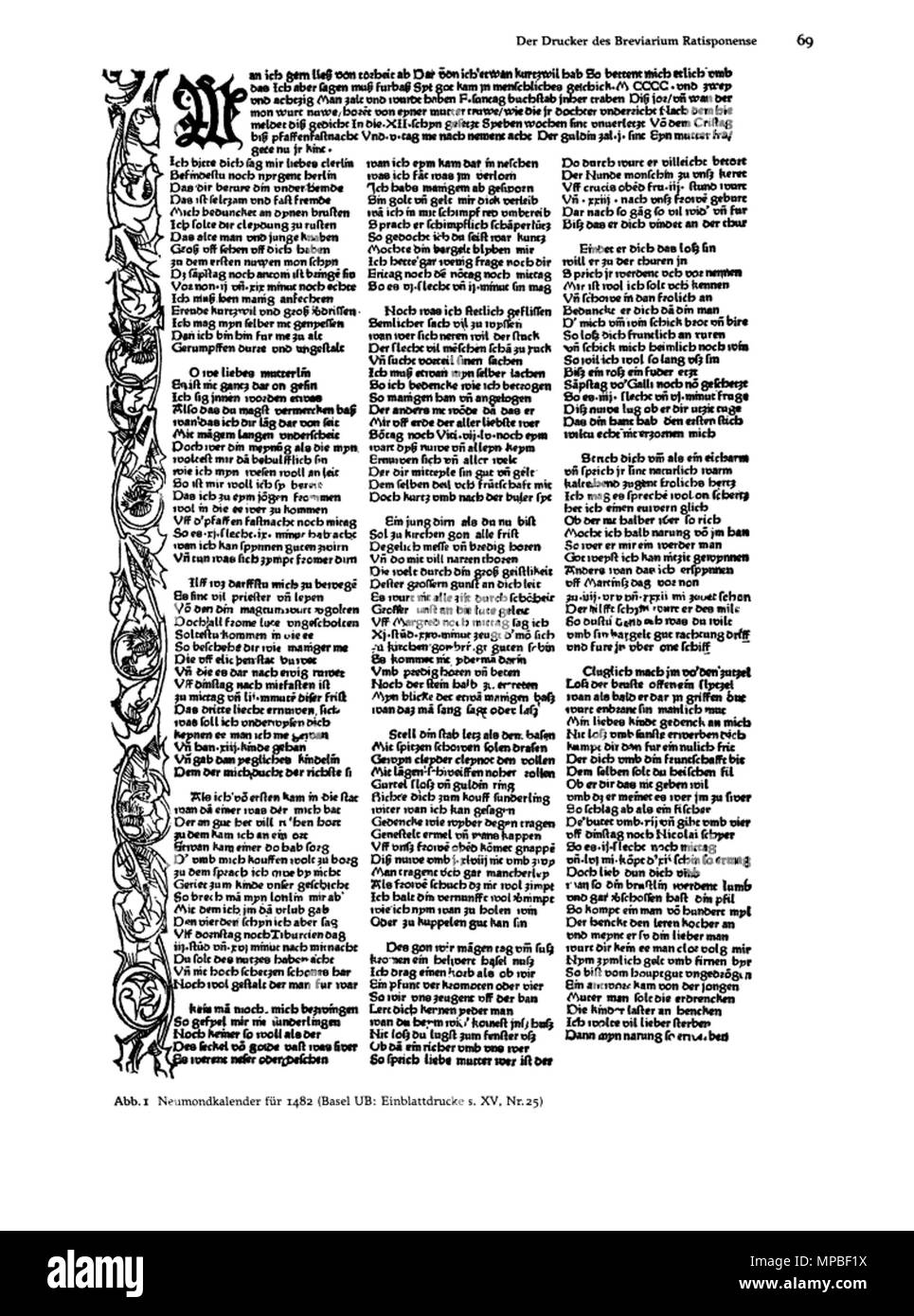 . Neumondkalender für 1482 (UB Basel, Einblattdrucke s. XV, Nr. 25) . 1482. Hans Erhart Tüsch 923 Neumondkalender 1482 Foto Stock