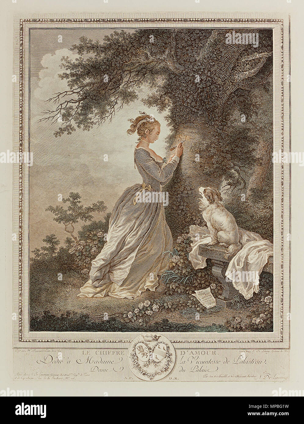 . Le Chiffre d'Amour. Junge Dame ritzt Initialen in einen Baum. Kupferstich Aquarellierter um 1770, nach dem Gemälde von Honoré Fragonard. Pl. 36,5 x 28,5 cm . circa 1770. Nicolas de launay (1739-1792) nomi alternativi Nicolas Delaunay, Nicolas de Valnay (pseudonimo) Descrizione grafico francese artista e incisore, Data di nascita e morte 20 Settembre 1739 2 marzo 1792 Luogo di nascita e morte Paris Paris Opera periodo rococò posizione di lavoro autorità di Parigi controllo : Q19629062 VIAF: 56683895 ISNI: 0000 0001 0857 7240 ULAN: 500024572 LCCN: nr94003029 WGA: LAUNAY, Nicolas de WorldCat Aft Foto Stock