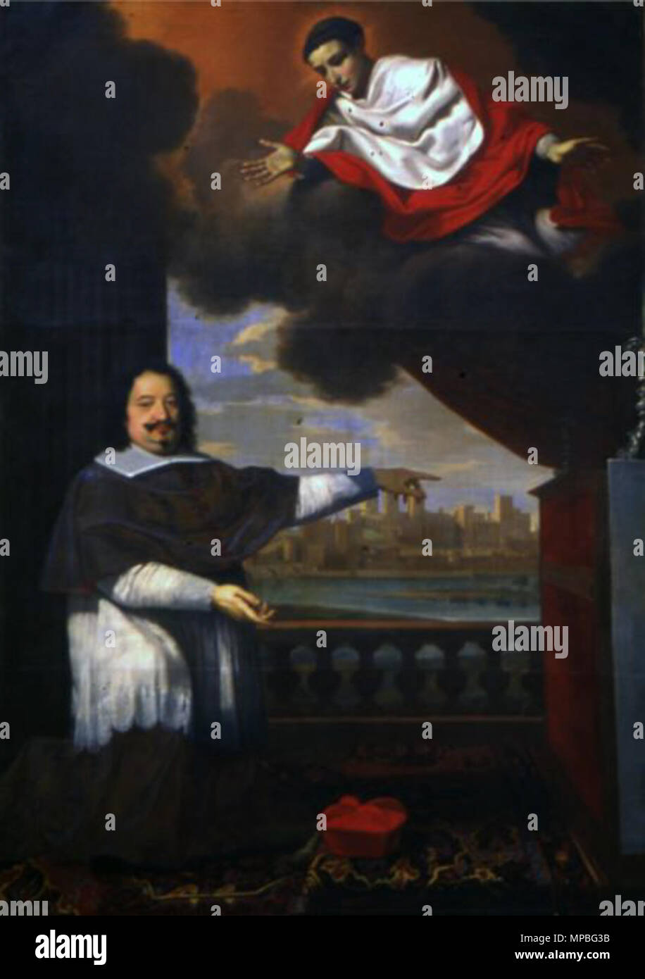 . Français : Le Vice-légat Frédéric Sforza posizionare la ville d'Avignon sous la Protection de Saint Pierre de Luxembourg. 1641 olio su tela. 260 × 184 cm (102,3 × 72,4 in). Avignone, Museo Calvet. Numero di inventario 839.8. Collezione de la ville d'Avignon, entrée au Musée en 1839. . 141. 927 Nicolas Mignard 002 Foto Stock