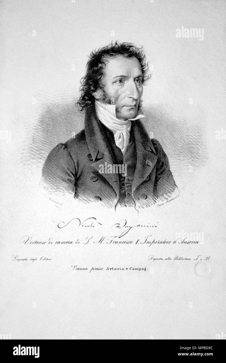 . Deutsch: Nicolo Paganini (1782-1840), italienischer Geiger, Gitarrist und Komponist. Lithographie von Josef Kriehuber, 1823 . 1823. Josef Kriehuber (1800-1876) 928 Nicolo Paganini Litho Foto Stock