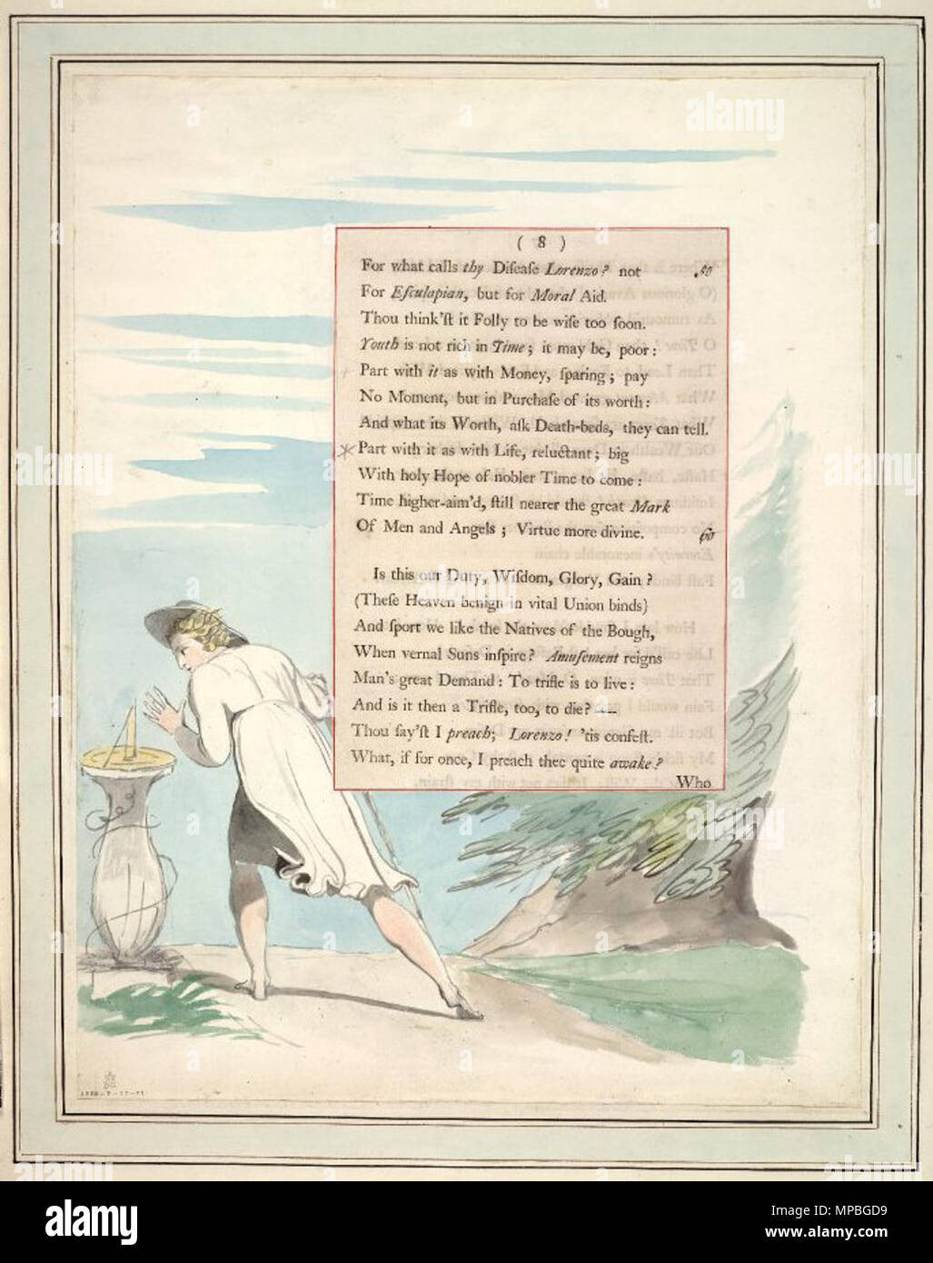 . Inglese: Notte pensieri Blake acquerello II 008 . 9 marzo 2013, 11:44:19. William Blake (1757-1827) nomi alternativi W. Blake; Uil'iam Bleik Descrizione British pittore, poeta, scrittore, teologo, collezionista e incisore, Data di nascita e morte 28 novembre 1757 12 agosto 1827 Luogo di nascita e morte Broadwick Street Charing Cross sede di lavoro London Authority control : Q41513 VIAF: 54144439 ISNI: 0000 0001 2096 135X ULAN: 500012489 LCCN: N78095331 NLA: 35019221 WorldCat questa è una fedele riproduzione fotografica di un bidimensionale, il dominio pubblico opera d'arte. Il lavoro di ar Foto Stock