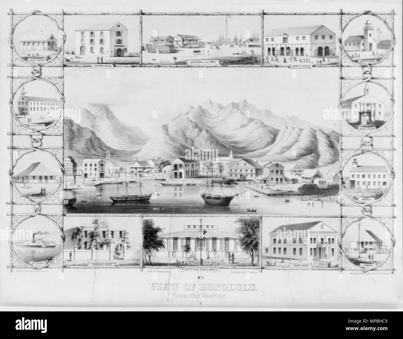 Inglese: No. 1. Vista di Honolulu. Dal porto. . Inglese: un disegno di vedute di (in senso orario dalla posizione in alto a sinistra) la scuola reale, Custom House, interno del Fort, casa mercato, scuola di carità, chiesa di pietra, 'Bethel' (Bethel Chiesa?), armory, court house, il palazzo del re Kamehameha III, casa di Honolulu, il sistema di cottura a vapore Akamai, il nativo di chiesa e la chiesa cattolica. Warren Goodale (1897). "Honolulu nel 1853". Carte di Hawaiian Historical Society. Hawaiian Historical Society. . Circa 1853.. 932 n. 1. Vista di Honolulu. Dal porto. (Copia versione negativa) Foto Stock