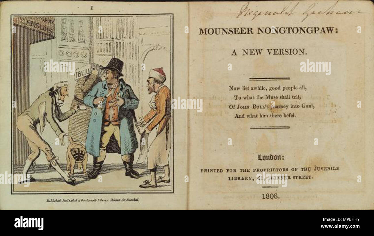 . Frontespizio e pagina titolo da Mounseer Nongtongpaw, tenutosi presso la Biblioteca Pubblica di New York . 1808. Robert Cruikshank, incisore; John Taylor può essere l'autore (una volta si pensava che sono state di Mary Shelley) 933 Nongtongpaw Foto Stock