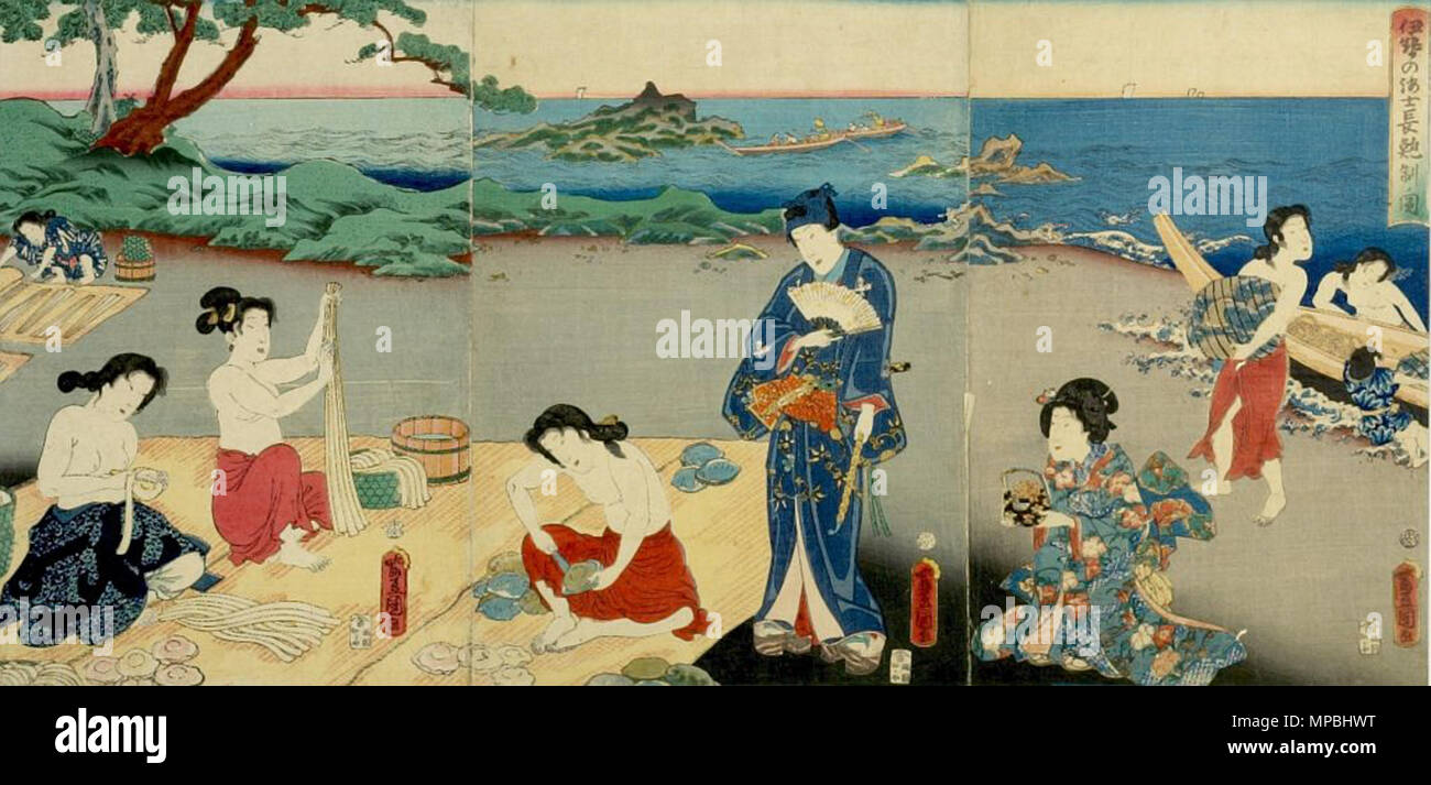 . 日本語: 伊勢の熨斗鮑制の図。歌川国貞画。江戸時代。 Inglese: giapponese di legno-stampa, Ukiyo-e. Essiccato abalone rendendo in Ise. Da Utagawa Kunisada(1786 - 1864), . 5 febbraio 2014, 18:39:07. Utagawa Kunisada 934 Noshiawabi Foto Stock