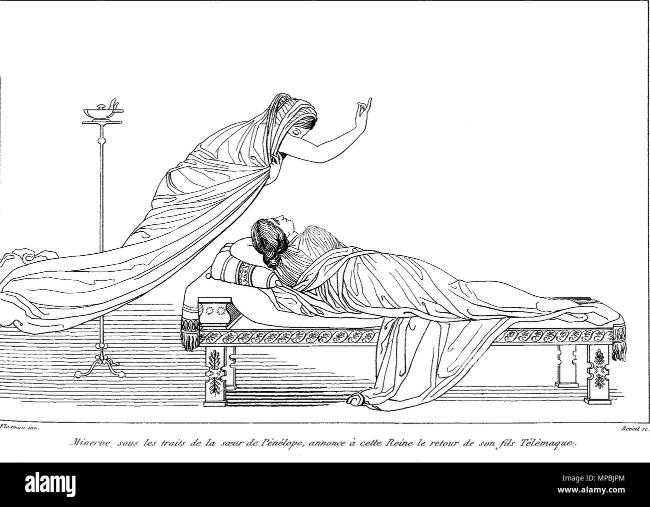 . Français : Minerve, Sous les traits de la soeur de Pénélope, annonce à cette Reine Le retour de son fils Télémaque inglese: illustrazioni di Odyssey . 1810. John Flaxman 939 OdysseyPenelope Foto Stock