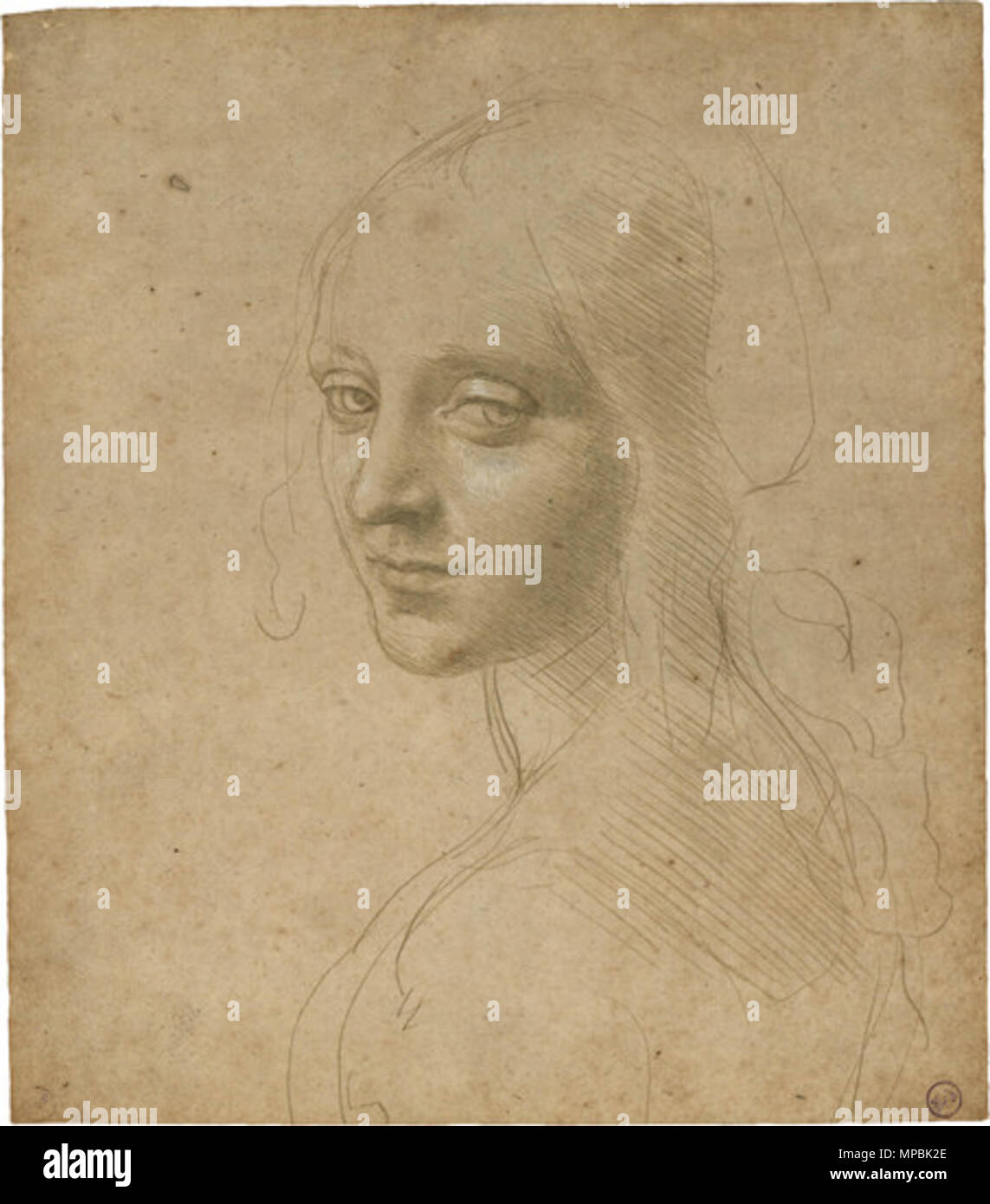 Leonardo da Vinci: Disegni dalla Biblioteca Reale di Torino. Birmingham Museum di arte. Sett. 28 attraverso nov. 9. Recto: Angel per la "Madonna delle rocce", ca. 1483/85, metalpoint intensificato con bianco su buff preparato carta, 181 x 159 mm, inv. n. 15572 Leonardo - Disegni italiani.1 804 Leonardo studio Madonna delle rocce Foto Stock