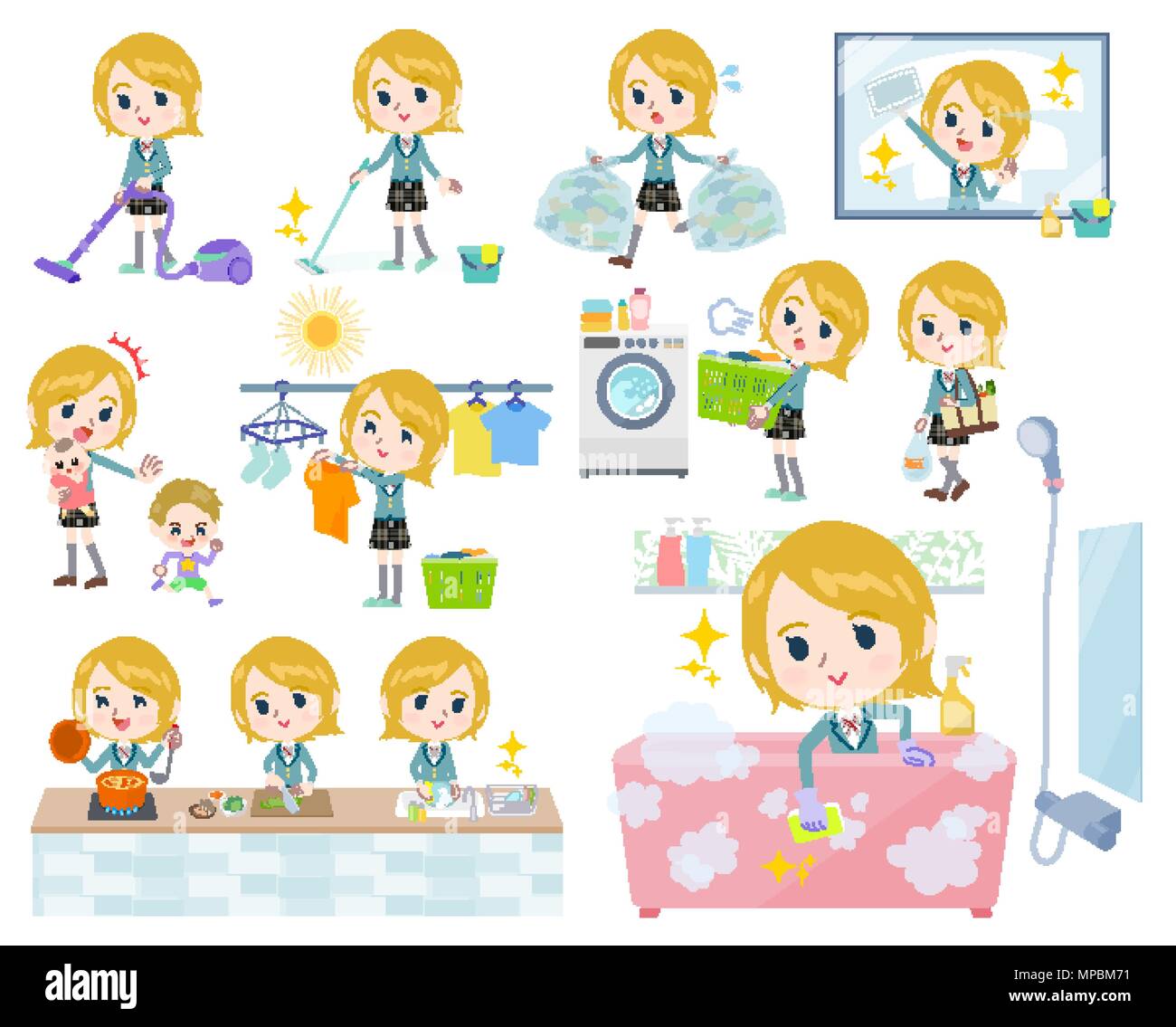 Set di pose diverse di Schoolgirl White_Housekeeping Illustrazione Vettoriale