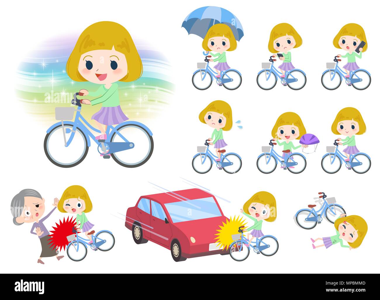 Set di pose diverse di capelli biondi ragazza giro sulla bicicletta della città Illustrazione Vettoriale