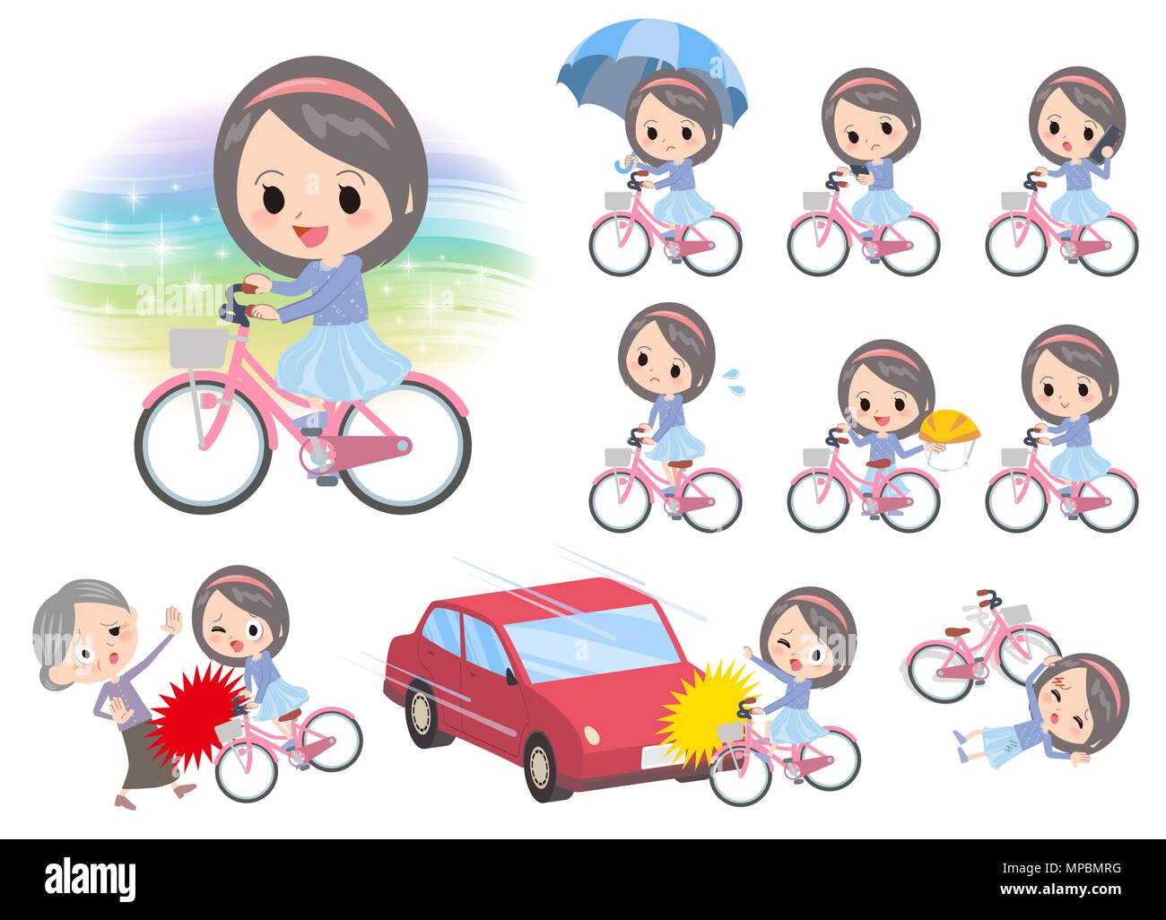 Set di pose diverse di blu vestiti ragazza con fascia giro sulla bicicletta della città Illustrazione Vettoriale