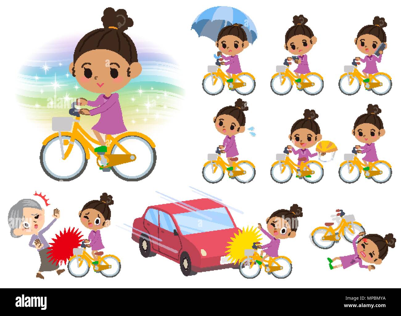 Set di pose diverse di perm Ragazza capelli città in bicicletta Illustrazione Vettoriale