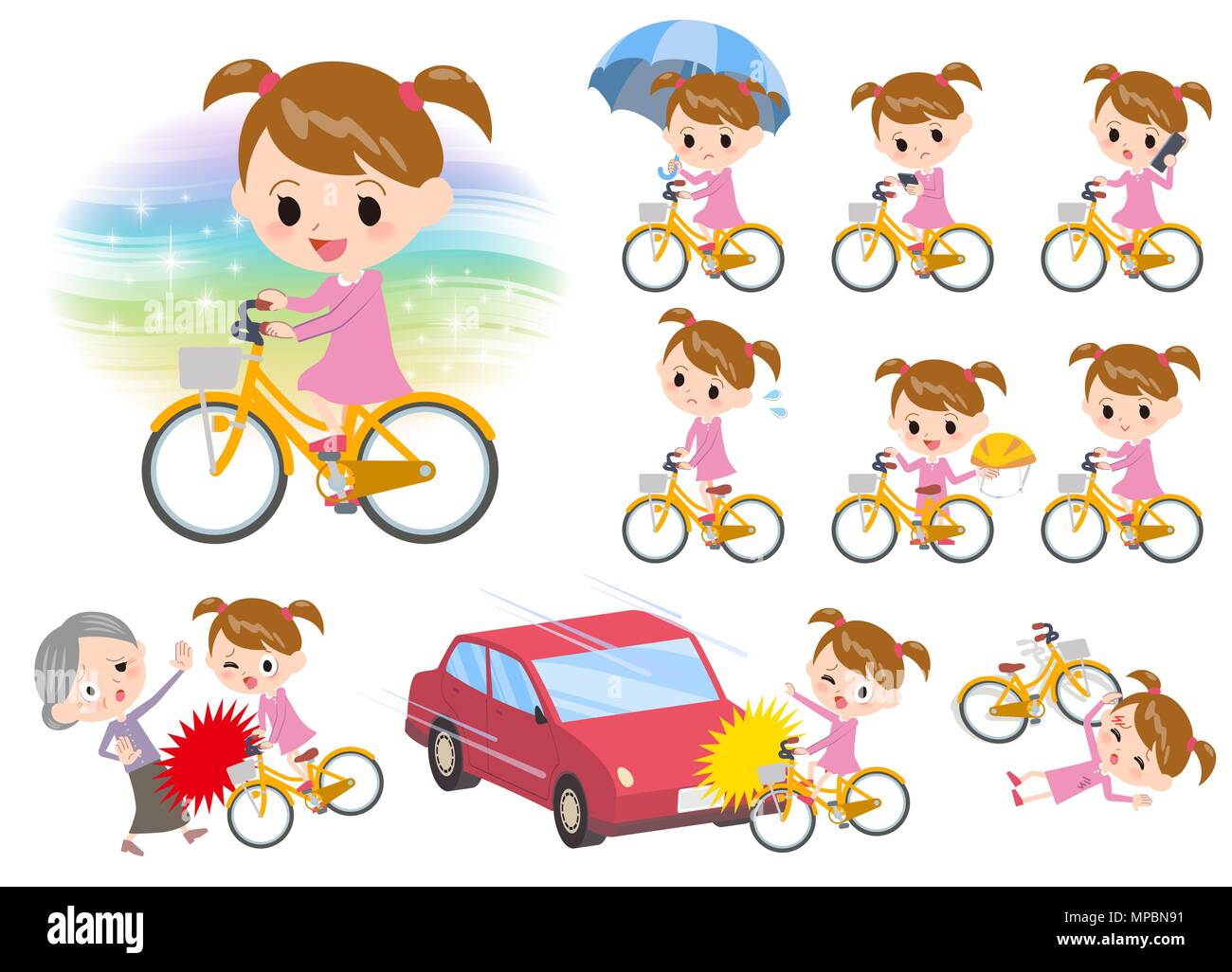 Set di pose diverse di rosa ragazza abbigliamento corsa sulla bicicletta della città Illustrazione Vettoriale