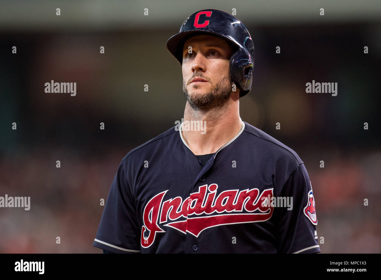 19 maggio 2018: Cleveland Indians catcher Yan Gomes (7) durante un Major League Baseball gioco tra Houston Astros e Cleveland Indians al Minute Maid Park a Houston, TX. Cleveland ha vinto il gioco da 5 a 4...Trask Smith/CSM Foto Stock