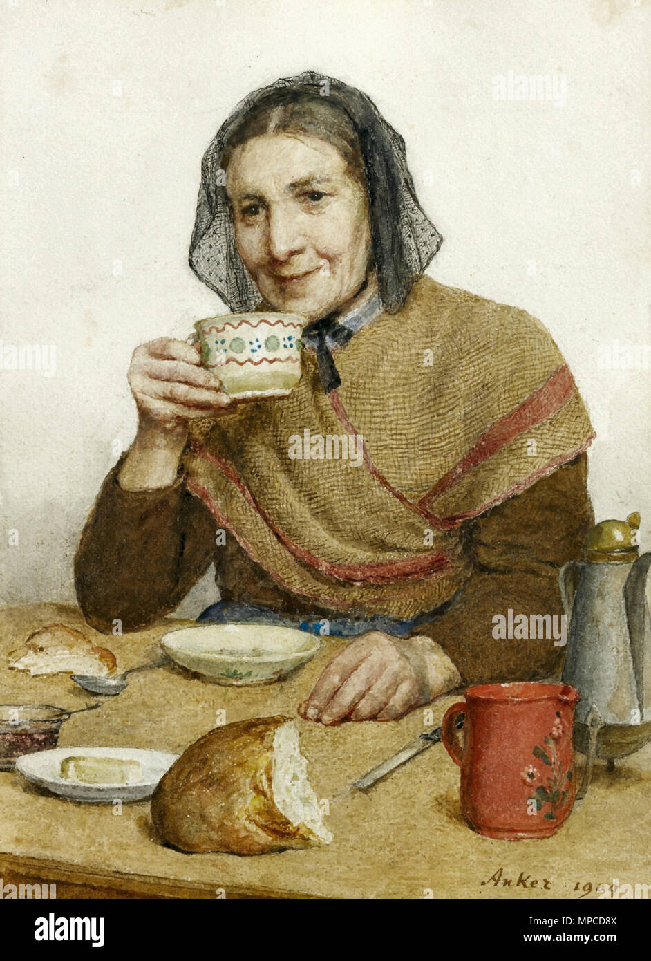 Anker Albert - Sitzende B U00e4uerin Mit Tasse in Der mano Foto Stock