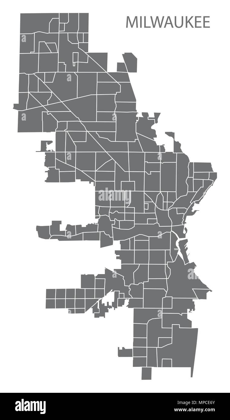 Milwaukee Wisconsin mappa della città con i quartieri grigio illustrazione forma silhouette Illustrazione Vettoriale