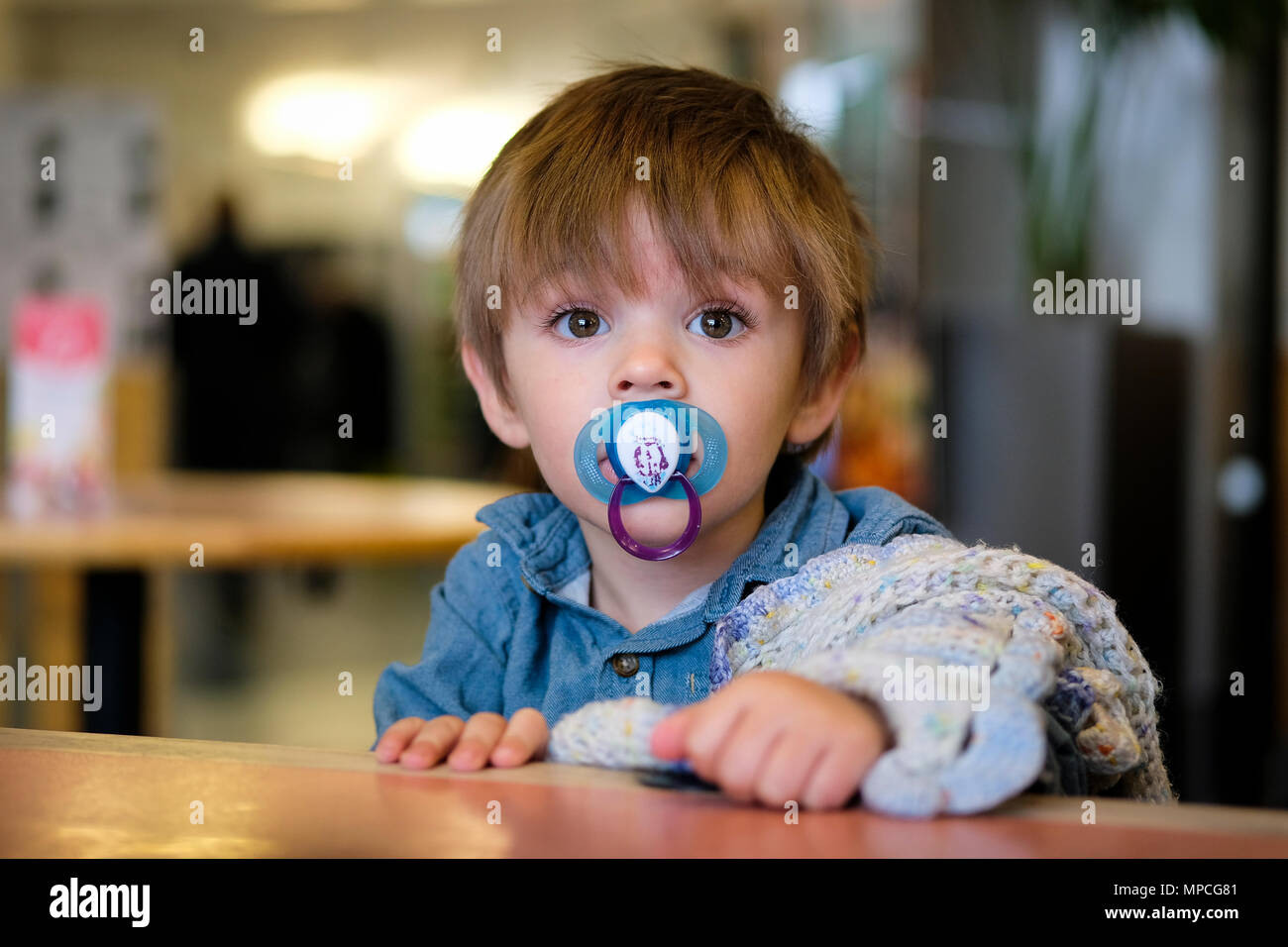 18 mesi di età bambino seduto nella sedia alta con fantoccio e coperta di comfort Foto Stock