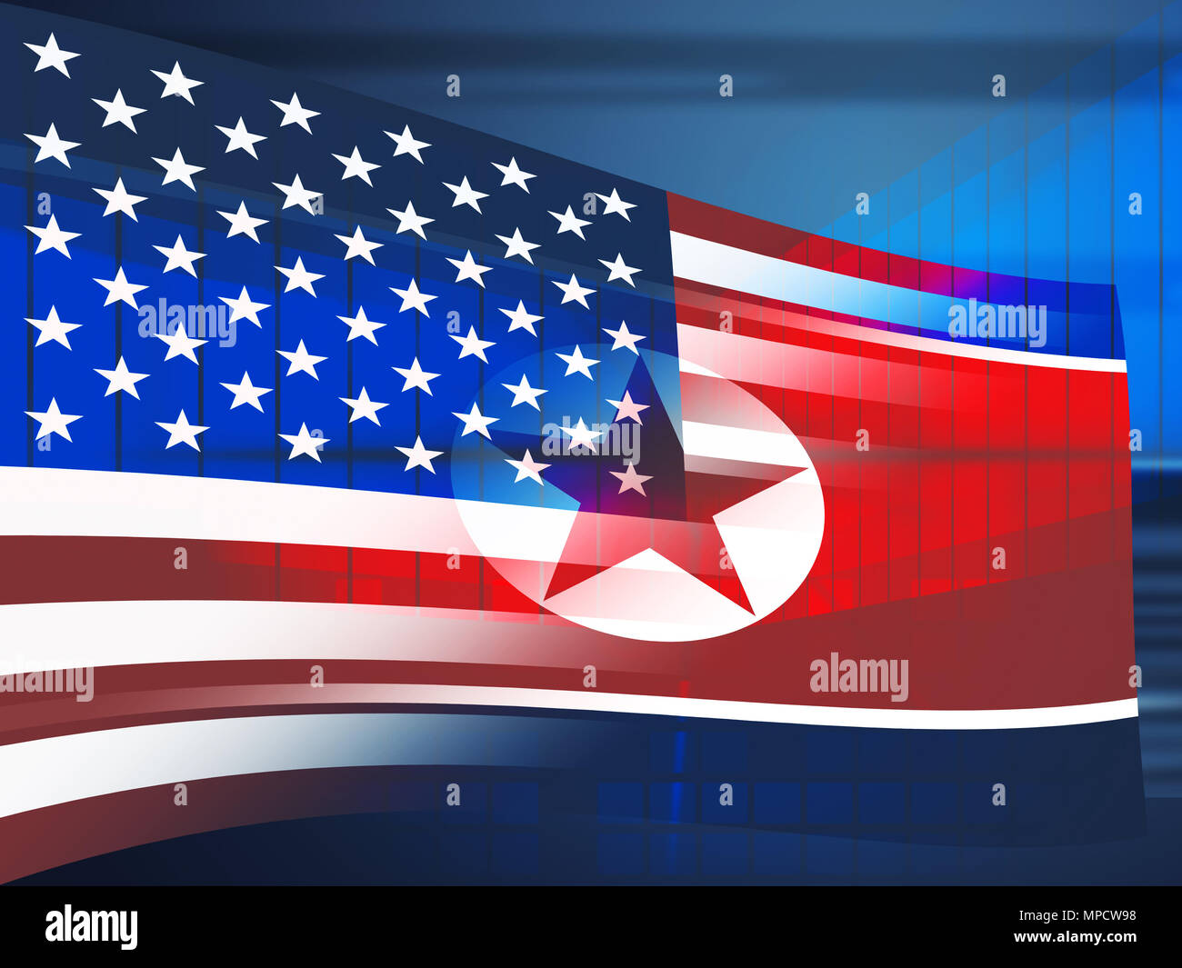 La Corea del Nord e Stati Uniti bandiere 3d'illustrazione. Mostra la crisi nucleare o di pace e di amicizia tra Kim Jong Onu e Stati Uniti d'America Foto Stock