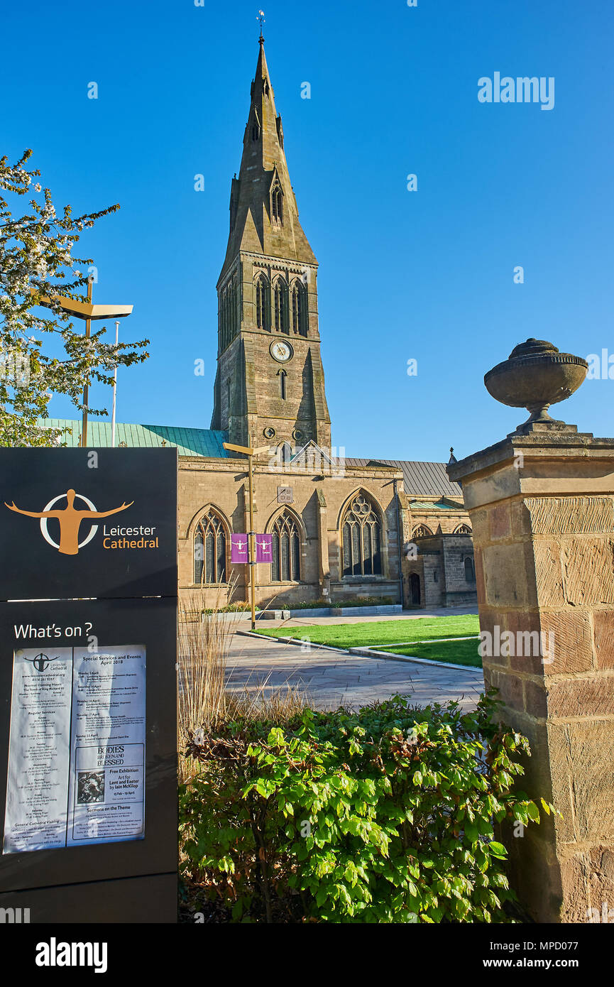 Leicester guglia della cattedrale ed un cielo blu Foto Stock