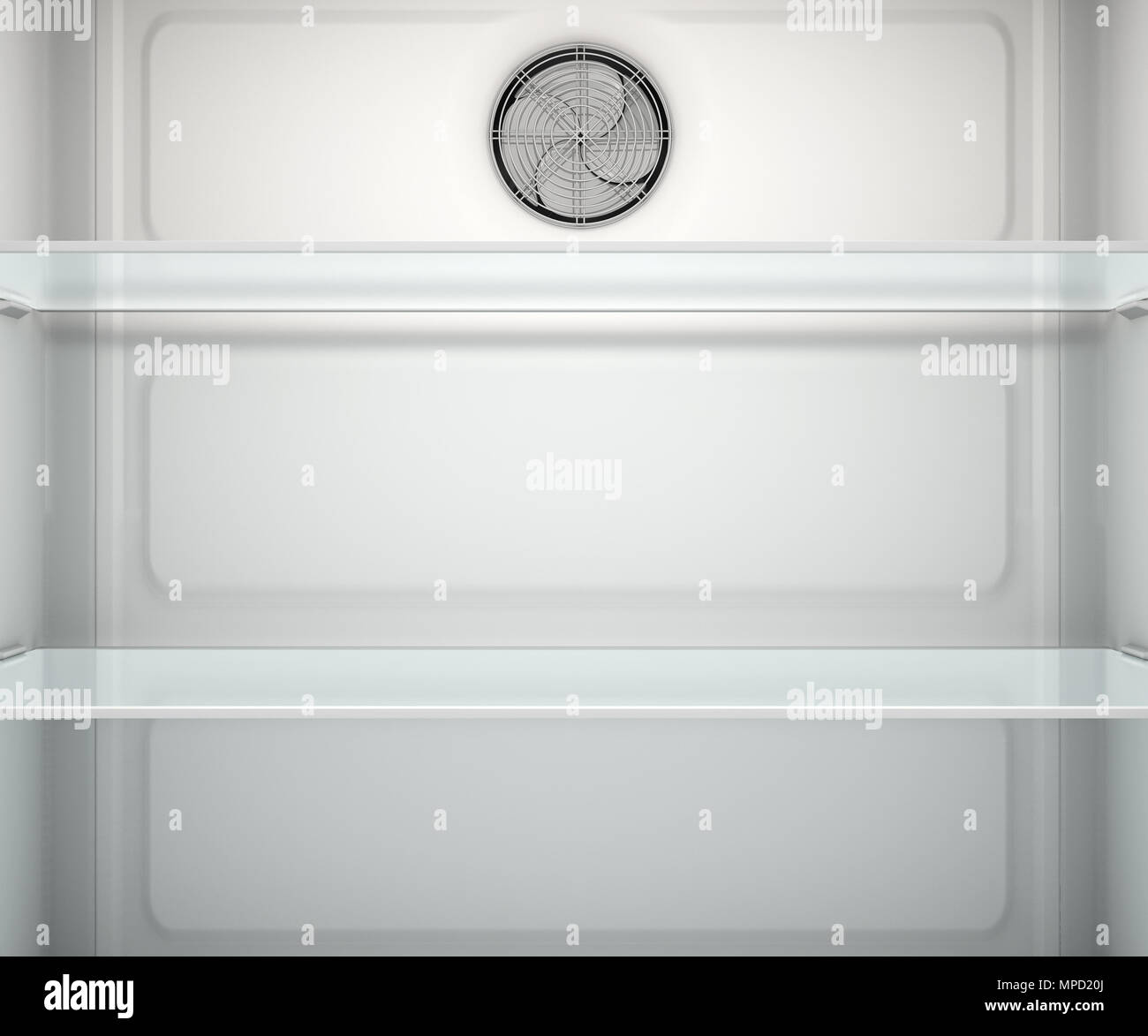 Una vista all'interno di una casa vuota frigo o freezer con ripiani in vetro e cassetti - 3D render Foto Stock