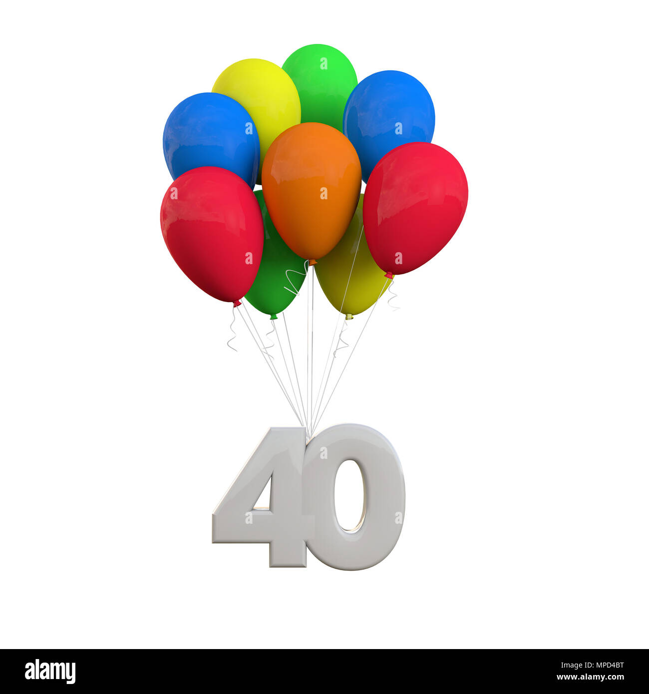 Numero 40 parte celebrazione. Numero fissato ad un mucchio di palloncini. Il rendering 3D Foto Stock